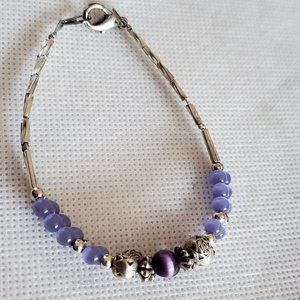 7" Silver Tone Purple Cat's Eye Layered Bracelet